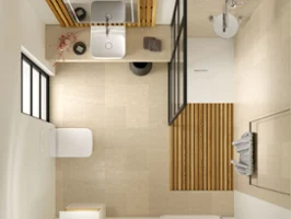 Vue de dessus d’une salle de bains minimaliste avec des carreaux beiges, un espace de douche, des toilettes, un lavabo avec un miroir avec un cadre en bois et une fenêtre qui laisse entrer la lumière naturelle. Une plante en pot apporte une touche décorative.