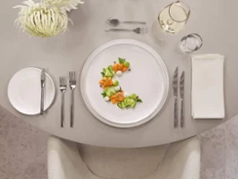 Des assiettes Afina avec une salade de saumon et de concombre sur une élégante table de salle à manger Une table de salle à manger élégante avec une salade de saumon et de concombre dans des assiettes Afina, accompagnée de vin dans des verres La Divina et de couverts de table Piemont.