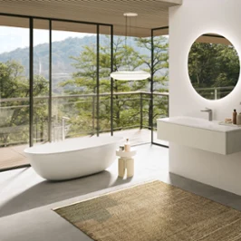Une baignoire Antao dans une salle de bains moderne avec une grande fenêtre Une salle de bains moderne avec de grandes fenêtres et une baignoire Antao Villeroy & Boch.