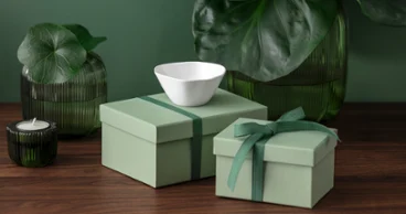 Deux coffrets cadeaux verts sont posés sur une surface en bois, à côté d'un bol Pura blanc. Deux coffrets cadeaux verts ornés de rubans sont posés sur une surface en bois, à côté d'un bol Pura blanc et de récipients en verre vert contenant des plantes.