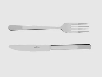 Image de la collection - Louis Sur un fond clair et sobre, la fourchette et le couteau en acier inoxydable sont disposés parallèlement l'un à l'autre.