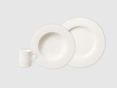 Image de la collection - Twist White Une tasse blanche, un bol blanc et une assiette blanche sont disposés sur un fond sobre gris clair.