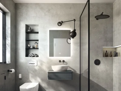 Une salle de bains dans un style entièrement beige All Beige Une salle de bains rustique moderne à la fois en beige avec un plan de toilette Finion élégant, un lavabo Memento 2.0 blanc, une douche à l’italienne avec des carreaux structurés beiges et une baignoire Finion en îlot de Villeroy & Boch.