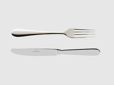 Image de la collection - Oscar Une fourchette et un couteau en acier inoxydable sont posés côte à côte sur un fond sobre et clair.
