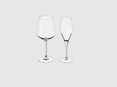 Image de la collection - La Divina Un verre de vin et une coupe de champagne, tous deux vides, sont posés côte à côte sur un fond clair et sobre.