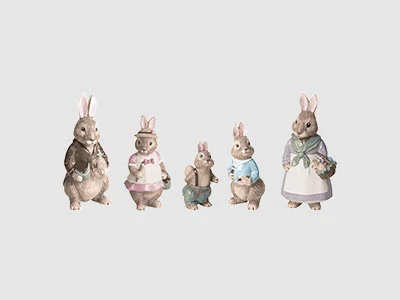 Image de la collection - Bunny Tales Cinq lapins anthropomorphes vêtus de vêtements vintage sont alignés sur un fond clair et sobre.