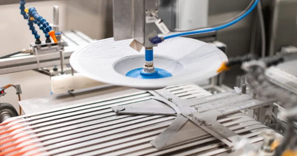 Dans un environnement d’usine automatisée, une machine décore une assiette blanche.