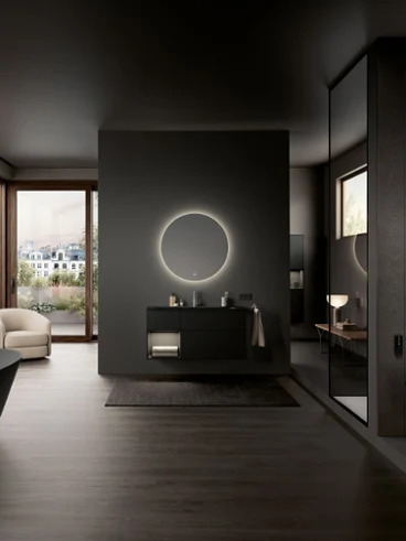 Salle de bains noire luxueuse Salle de bains noire luxueuse avec baignoire autoportante Theano et meuble-lavabo Finion