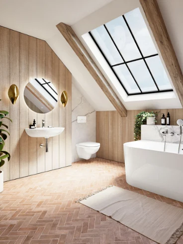 Une baignoire O.novo avec un lavabo et des toilettes. Une salle de bains moderne avec une baignoire, un lavabo mural, un miroir rond et des WC de la collection O.novo. Une grande lucarne et une plante en pot mettent la pièce en valeur. Des notes de bois et des carreaux à motif à chevrons donnent à la pièce une touche rustique.