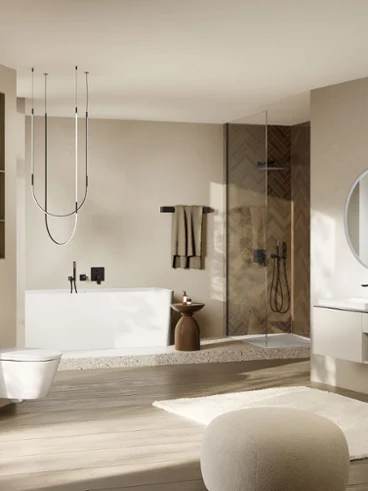 WC-douche Tivo dans une salle de bain Subway 3.0 tout beige Le WC-douche Tivo dans une salle de bain Subway 3.0 avec des tons beige chaud pour un intérieur harmonieux et moderne.