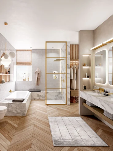 Petite salle de bain avec lavabo rectangulaire, meuble, panier rond, serviette et miroir mural dans des tons naturels.