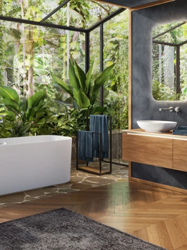 Salle de bain avec baignoire, doubles vasques et vue sur jardin tropical Salle de bain de luxe avec baignoire autoportante, doubles vasques et meuble-lavabo en bois, entourée d'une végétation luxuriante pour une retraite naturelle et exclusive.