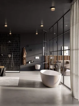 Une baignoire blanche Antao dans une salle de bains élégante Une salle de bains moderne avec des murs noirs et une baignoire Antao blanche de Villeroy & Boch.