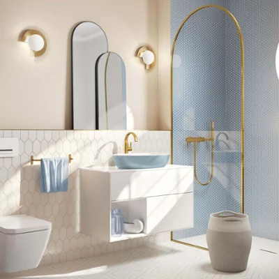 Un lavabo Artis Frozen avec un meuble Finion Une salle de bains avec un lavabo Artis de couleur Frozen et des meubles Finion.