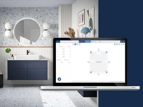 Une vue du planificateur de salle de bain Villeroy & Boch est ouverte sur un ordinateur portable. En arrière-plan, il y a une représentation de la salle de bain.