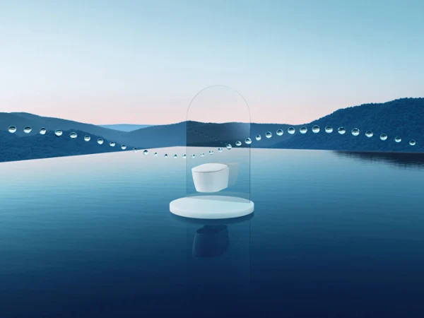 Visuel clé du WC-douche Supreo au-dessus d’une surface d’eau calme parsemée de gouttes.