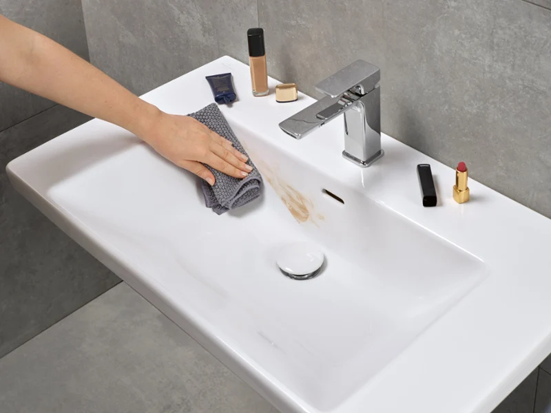 Nettoyage d’un lavabo sale Une main nettoie un lavabo dans la salle de bains avec un chiffon gris et enlève une tache de maquillage. Différents produits de maquillage sont posés sur le bord du lavabo.