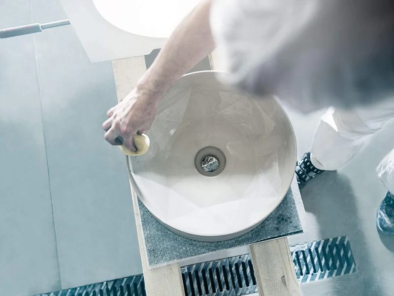 Dans un atelier, une personne nettoie un lavabo en céramique blanche avec une éponge. Le lavabo est posé sur une structure en bois et la personne porte des vêtements blancs et des chaussures noires.