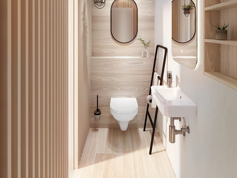 petite-salle-de-bains-moderne-scandinave-WC-et-lavabo-O.novo Une salle de bains moderne pour les invités avec des panneaux en bois, des WC suspendus blanc et un petit lavabo de la marque Villeroy & Boch.