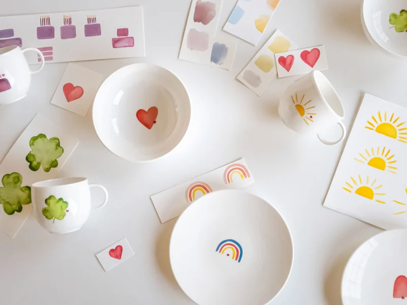 Un ensemble d’assiettes et de tasses blanches « With Love » de Villeroy & Boch, décorées de motifs pleins de vie Un ensemble d’assiettes et de tasses blanches « With Love » de Villeroy & Boch, décorées de cœurs, d’arcs-en-ciel et de motifs d’arbres pleins de vie, élégamment disposées à côté d’échantillons de couleurs et de nuanciers sur une surface blanche immaculée.