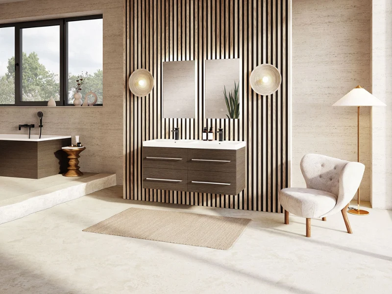 Un lavabo et un meuble sous plan Avento dans une salle de bains au design bois Une salle de bains avec une cloison en bois, devant lequel se trouve un plan double Avento sur un meuble sous plan suspendu de Villeroy & Boch.
