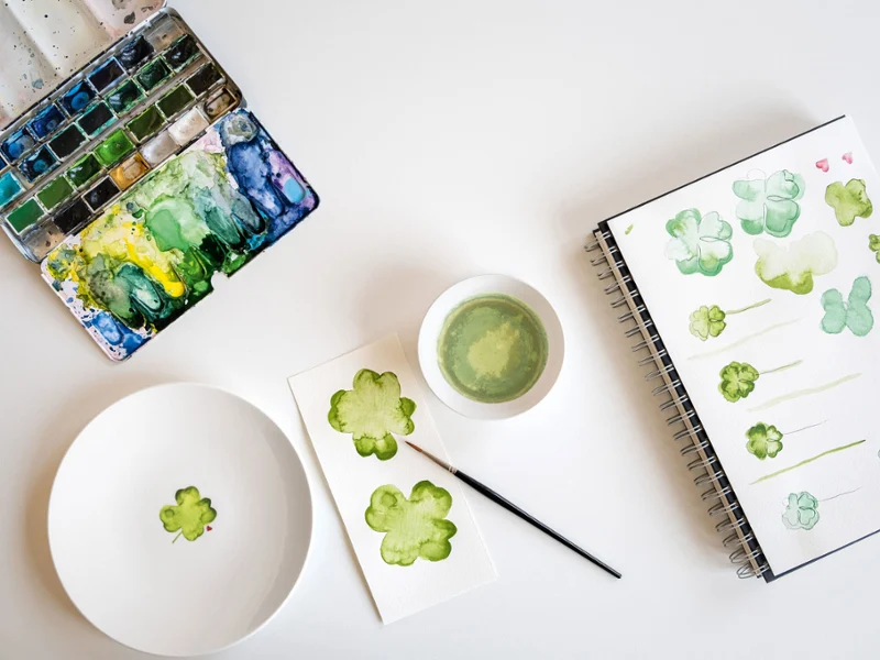 Un décor d’aquarelle avec une assiette « With Love » de Villeroy & Boch Un décor aquarelle avec une assiette « With Love » de Villeroy & Boch et un carnet de croquis, orné d’images de trèfles verts sur une table blanche.